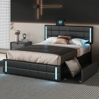 Мягкая кровать-платформа со светодиодной подсветкой и USB-зарядкой, кровать для хранения с 4 выдвижными ящиками, черный