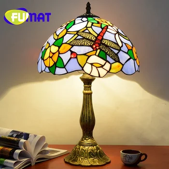 Настольная лампа из стекла Фумат Тиффани, пасторальный ретро стиль, стрекоза, роза, арт-деко, гостиная, кабинет, спальня, кровать, настольная лампа