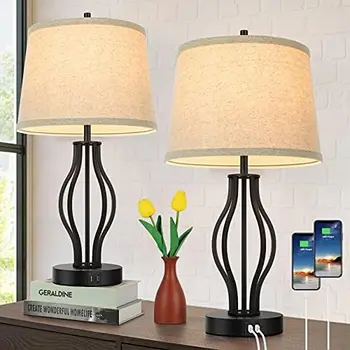 Настольные лампы с Сенсорным управлением и 2 USB-портами для гостиной, Комплект Прикроватных Ламп с регулируемой Яркостью на 2, 3 Направления с Белыми и Прозрачными Абажурами