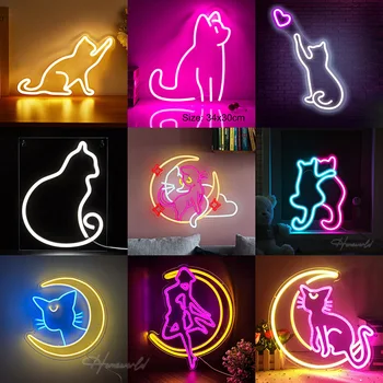 Неоновая вывеска Moon Cat Со светодиодной подсветкой с логотипом компании Animal Beauty, ночник для декора стен в спальне, магазин детских подарков, вечеринка
