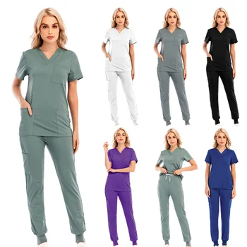 Новая женская униформа для медсестер с V-образным вырезом и коротким рукавом, рабочая одежда с карманами, однотонные Легкие дышащие топы, брюки, Мягкий костюм для работы, 6 цветов