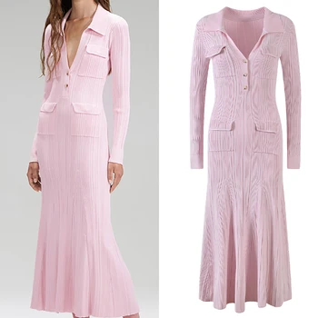 Новое женское трикотажное платье с лацканами, элегантное летнее розовое однобортное платье с узкой талией, плиссированные длинные платья.