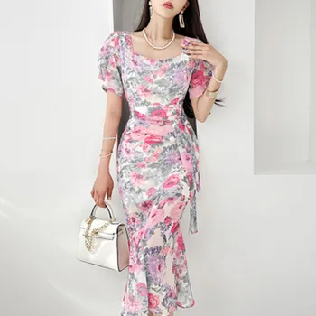 Новое летнее элегантное платье средней длины с квадратным воротником и модным принтом на шнуровке, платья с рыбьим хвостом, женские