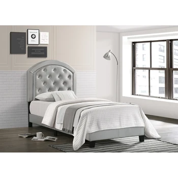 Обитая кровать-платформа с регулируемым изголовьем Кровать Twin Size Серебристая ткань