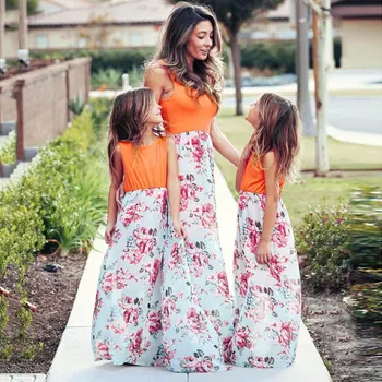 Одежда для мамы и меня, платья для мамы и дочки, повседневное платье для мамы и дочки в стиле пэчворк, длинное платье с цветочным рисунком без рукавов