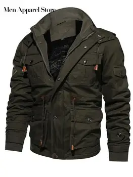 Однотонные толстые куртки-карго на молнии для мужчин, воротник-стойка, Мути, карман с длинным рукавом, мужская одежда, осенне-зимние теплые пальто, мужские
