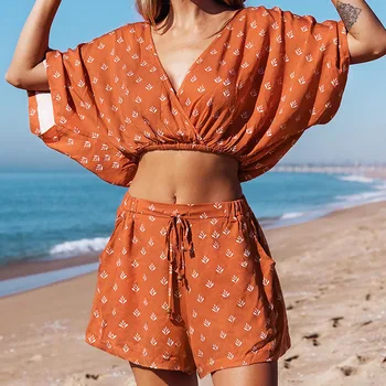 Оранжевый Геометрический принт Diane, сексуальная женская пляжная одежда с V-образным вырезом, летняя одежда с открытой талией, Рубашка с коротким рукавом, Шорты выше колена