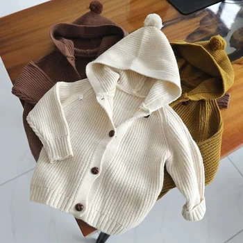 Осенне-зимний трикотаж с капюшоном для мальчиков и девочек, детский свитер, кардиган, детское утепленное пальто