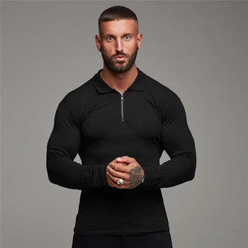 Осенне-зимняя модная рубашка-поло на молнии с длинными рукавами для тренировки мышц, мужские облегающие дышащие хлопчатобумажные топы для занятий фитнесом в тренажерном зале
