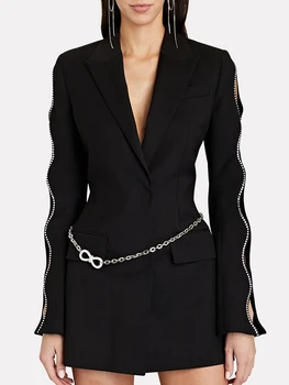 Осеннее женское черное сексуальное мини-платье-костюм с V-образным вырезом и роскошным бриллиантовым поясом, элегантное вечернее платье знаменитостей, осень 2023 г.