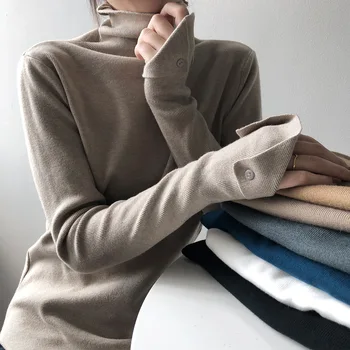 Осенний вязаный свитер для женщин - Водолазка с внутренним воротом, Однотонный с длинными рукавами, Приталенный крой и тонкая ткань в Корейском стиле
