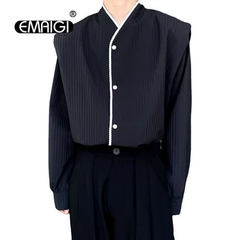 Осенний новый китайский воротник-стойка, наплечник в 3D полоску, мужские и женские свободные повседневные винтажные рубашки с длинным рукавом, блузки
