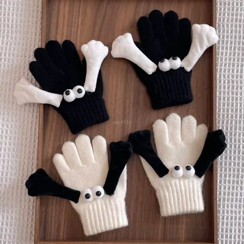 От 2 до 6 лет утепленные теплые перчатки с мультяшными глазами, подарки для детей, вязаные перчатки с полными пальцами для мальчиков и девочек, черные перчатки для детей, детские варежки
