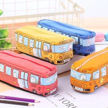Пенал большой емкости холщовая сумка для карандашей Милый мультяшный автобус Детская школьная коробка для ручек Школьные Корейские канцелярские принадлежности Сумка для хранения расходных материалов