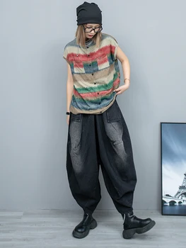 Персонализированная модная женская свободная контрастная однобортная футболка с коротким рукавом, джинсовые кросс-брюки с эластичной резинкой на талии, костюм-двойка