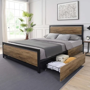 Платформа для кровати из дерева и металла с изголовьем, пружинный блок не требуется, полноразмерный, коричневый