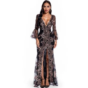 Платье 2023 Модное женское Сексуальное вечернее платье с V-образным вырезом и блестками, Модное стильное элегантное платье для выпускного вечера, облегающее платье миди