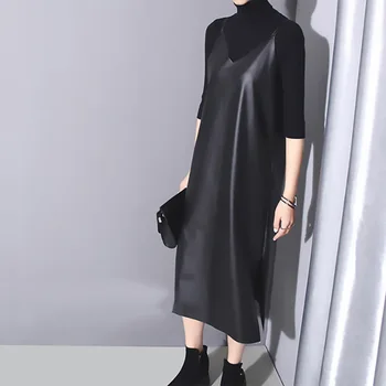 Платье из искусственной кожи без рукавов на подтяжках, женское платье, весна 2023, новое свободное черное длинное платье с разрезом трапециевидной формы