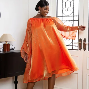 Платья ICCLEK больших размеров, элегантное вечернее оранжевое платье, свободное летнее платье, Африканская одежда для леди с покатыми плечами