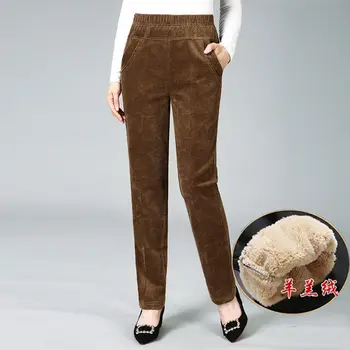 Плюс Бархатные вельветовые брюки, женские осенне-зимние плотные теплые брюки с высокой талией, однотонные прямые панталоны для мамы