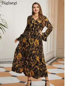 Плюс Размер Осеннее Длинное платье с цветочным рисунком, женские платья с длинным рукавом и принтом, Модное Свободное повседневное Женское платье 2023