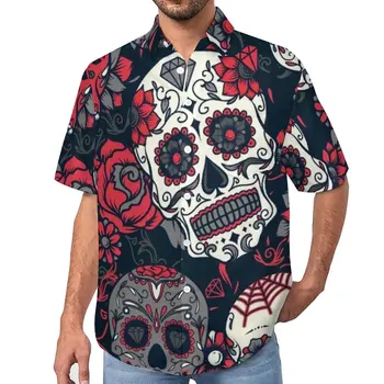 Пляжная рубашка с мексиканским черепом, Гавайские повседневные рубашки с листьями и цветами, мужские крутые блузки, топы с коротким рукавом, большие размеры