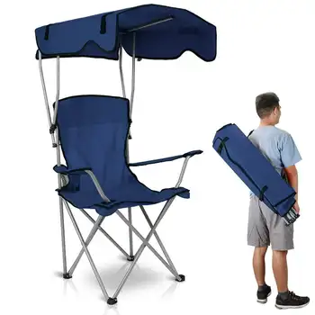 Пляжный стул с тентом, складной спортивный стул для кемпинга под навесом, темно-синий