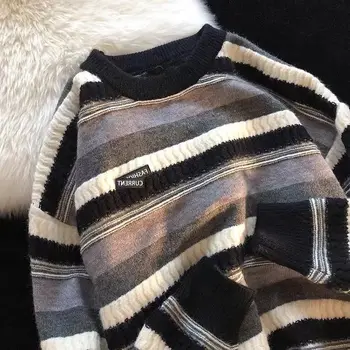 Полосатый свитер мужской ленивый стиль осень зима японский ретро уличный вязаный свитер пуловер с круглым вырезом в гонконгском стиле топ