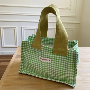 Простая женская сумка Bento большой емкости в стиле ретро в клетку с цветочным рисунком, женские сумки для покупок через плечо, портативная холщовая женская сумка-тоут