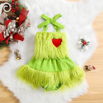 Рождественское боди для маленькой девочки, бархатный комбинезон без рукавов с бретелькой на шее, комбинезон, пушистый Рождественский костюм, одежда для фотосъемки.