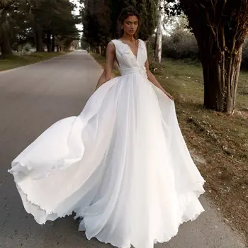 Романтическое свадебное платье Трапециевидной формы с V-образным вырезом и цветочной аппликацией, Свадебное платье принцессы с открытой спиной, Vestido De Novia