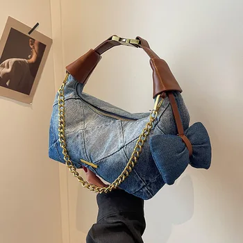 Роскошная дизайнерская цепочка с замком, стеганая женская сумка из денима и искусственной кожи в клетку, Джинсовая ретро-сумка через плечо, маленькая сумка-тоут для бродяг