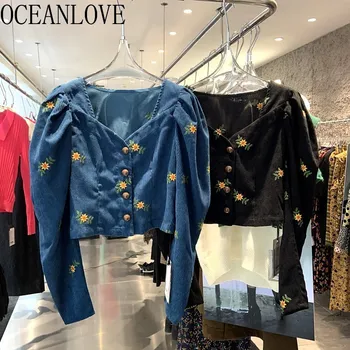 Рубашки и блузки с цветочной вышивкой OCEANLOVE, V-образный вырез, пышный рукав, Осень-зима, Женские Топы, Корейская мода, Blusas Mujer Elegant
