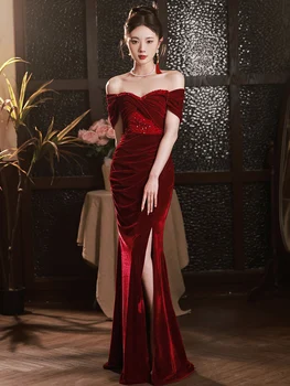 Свадебное платье из красного вина в стиле ретро, сексуальное вечернее платье Русалки без бретелек с открытыми плечами, Женские вечерние платья с высоким разрезом для помолвки.
