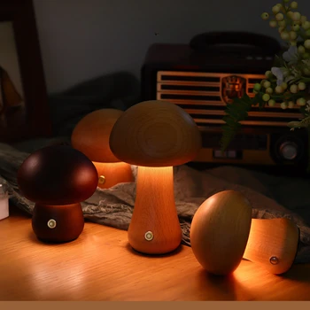 Светодиодная лампа-гриб с сенсорным выключателем Деревянный ночник Прикроватная тумбочка для спальни Настольная лампа с регулируемой яркостью Домашний декор