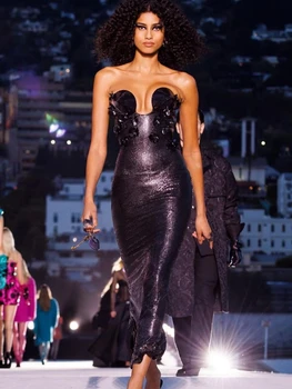 Сексуальное длинное платье без бретелек с пайетками и 3D цветочным дизайном, женское черное платье с V-образным вырезом и открытой спиной, Макси-облегающее платье с пайетками, элегантная вечеринка, вечерние