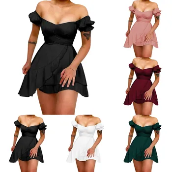 Сексуальное мини-платье с V-образным вырезом, открытыми плечами и открытой спиной, женская однотонная туника с пышными рукавами и рюшами
