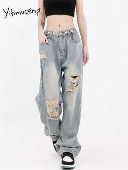 Синие рваные джинсы Yitimuceng для женщин 2023, новая винтажная уличная одежда, джинсы с высокой талией, Шикарные прямые джинсы с широкими штанинами, полная длина