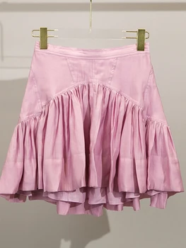 Сказочная однотонная плиссированная Розовая мини-юбка 2023, Весенне-летняя новая изящная короткая юбка трапециевидной формы с тонкой талией в стиле Каваи, в тонкую тонкую талию