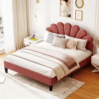 Современная Уникальная дизайнерская мягкая кровать на платформе с бархатным изголовьем с цветочным рисунком, фасолевая паста красного цвета, подходит для спальни