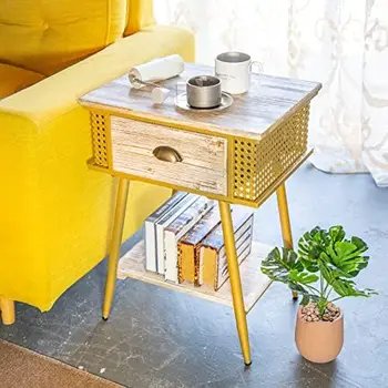 Стол с 1 выдвижным ящиком, Приставной столик для дивана из массива дерева, Прикроватная тумбочка для хранения вещей в спальне, Мебель в деревенском стиле Легкой сборки (серый)