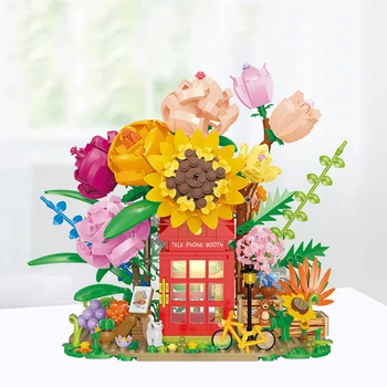 Строительные блоки телефонной будки Flower 1208ШТ + Креативно Собранная 3D модель Вечного цветка, Кирпичи, Игрушка для домашнего декора, подарок