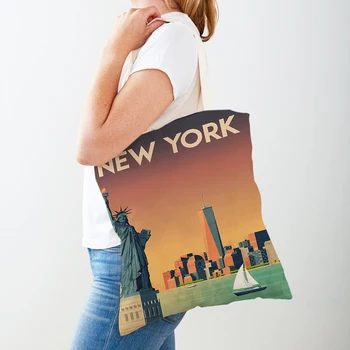 Сумки для покупок с мультяшным городским пейзажем, женская сумка-тоут с обеих сторон, Нью-Йорк, Лондон, Мадрид, повседневная холщовая женская сумка для покупок