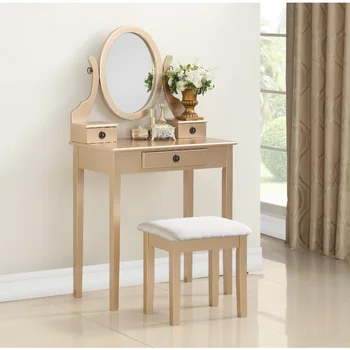 Туалетный столик и табурет Roundhill Furniture Moniya Wood для макияжа, золотой туалетный столик для спальни