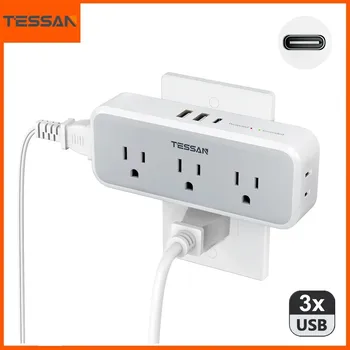 Удлинитель розетки TESSAN Multi Plug с 5 розетками переменного тока и 3 USB (1 USB C), Удлинитель электрической мощности US Plug с защитой от перенапряжения