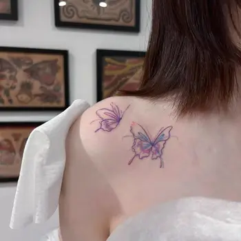 Фиолетовая наклейка с татуировкой Бабочки в стиле фэнтези, Сексуальная Водонепроницаемая Татуировка на плече, Временные татуировки, Милая Горячая Женщина, Искусственная Поддельная Татуировка Оптом