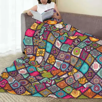 Фланелевые одеяла с цветочным рисунком Мандалы с ромбовидной плиткой, Геометрическое теплое Мягкое покрывало для кресла, дивана, пикника, Забавное покрывало на кровать
