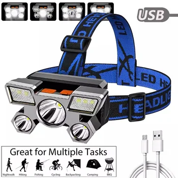 Фонарик, налобный фонарь, 5 светодиодов, суперяркое водонепроницаемое USB-зарядное устройство с регулировкой на 90 градусов для пеших прогулок, кемпинга, езды на велосипеде