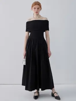 Французское черное платье с открытыми плечами, женская летняя новинка, дизайн воротника, маленькая юбка для чаепития, длинная юбка