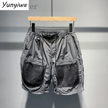 Функциональные шорты Мужские Карго из свободной сетки в стиле пэчворк, универсальные прямые брюки на завязках, индивидуальные повседневные шорты